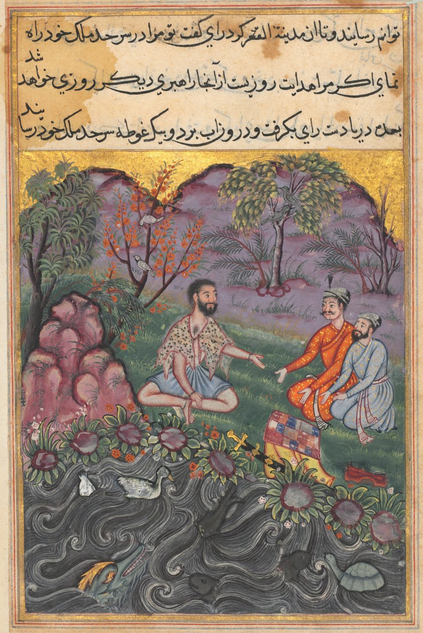 Rajaen fra Ujjain, som rejser i skikkelse af en yogi, møder to brødre, der beder ham om retfærdigt at dele deres fars ejendele fra en Tuti-nama (Fortællinger om en papegøje): 46. Nat af Unknown artist