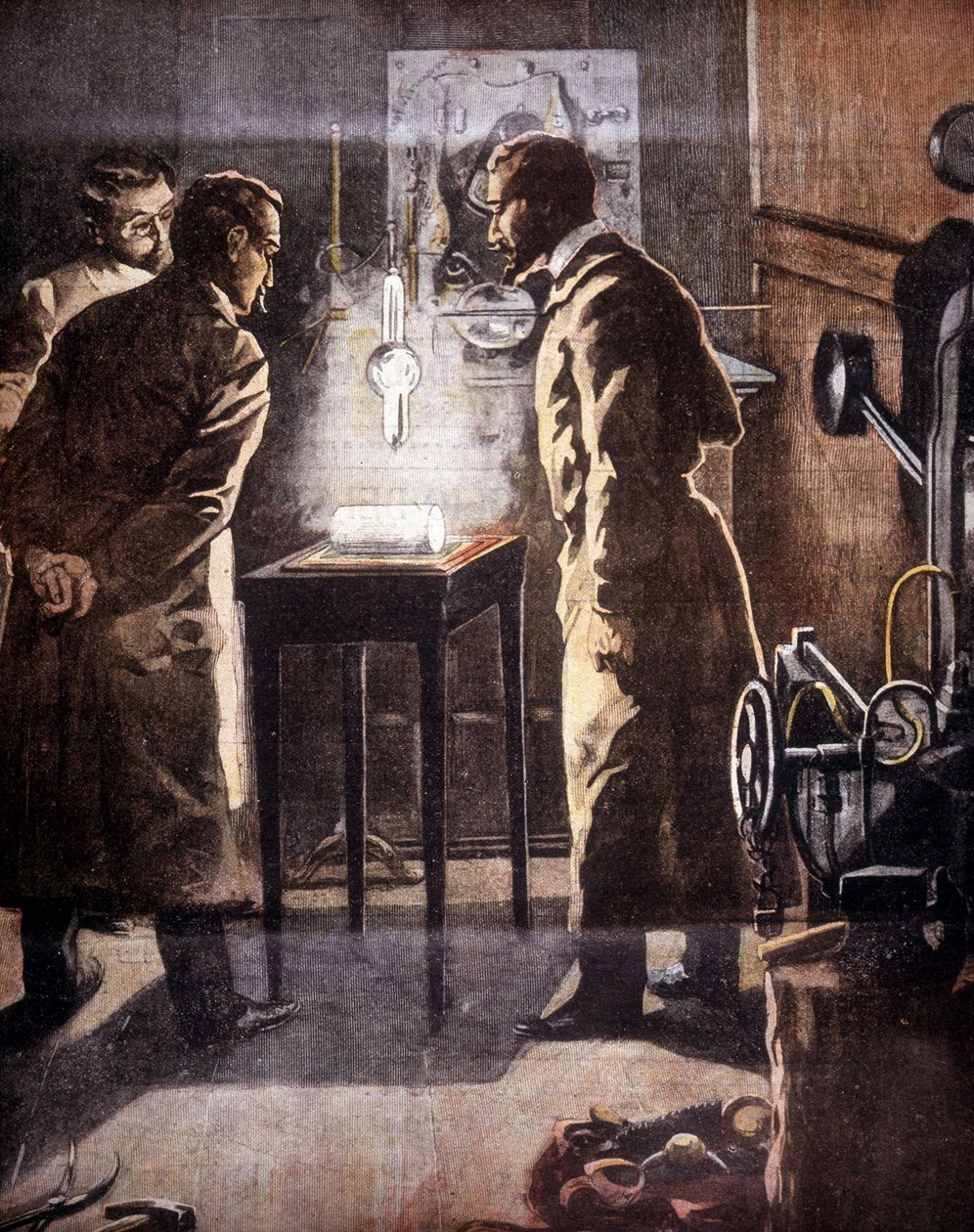 Røntgen (Rontgen) eller røntgenstråler. Opdaget i 1895. Illustration, der repræsenterer eksperimentet. af Unknown artist