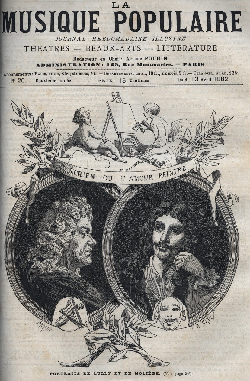 Den sicilianske eller kærlighedsmaler - Portræt af Jean Baptiste Lully (Giovanni Battista Lulli) (1632-1687) og Moliere - indgravering i "" Populærmusik""" illustreret ugeavis - 1882 af Unknown artist