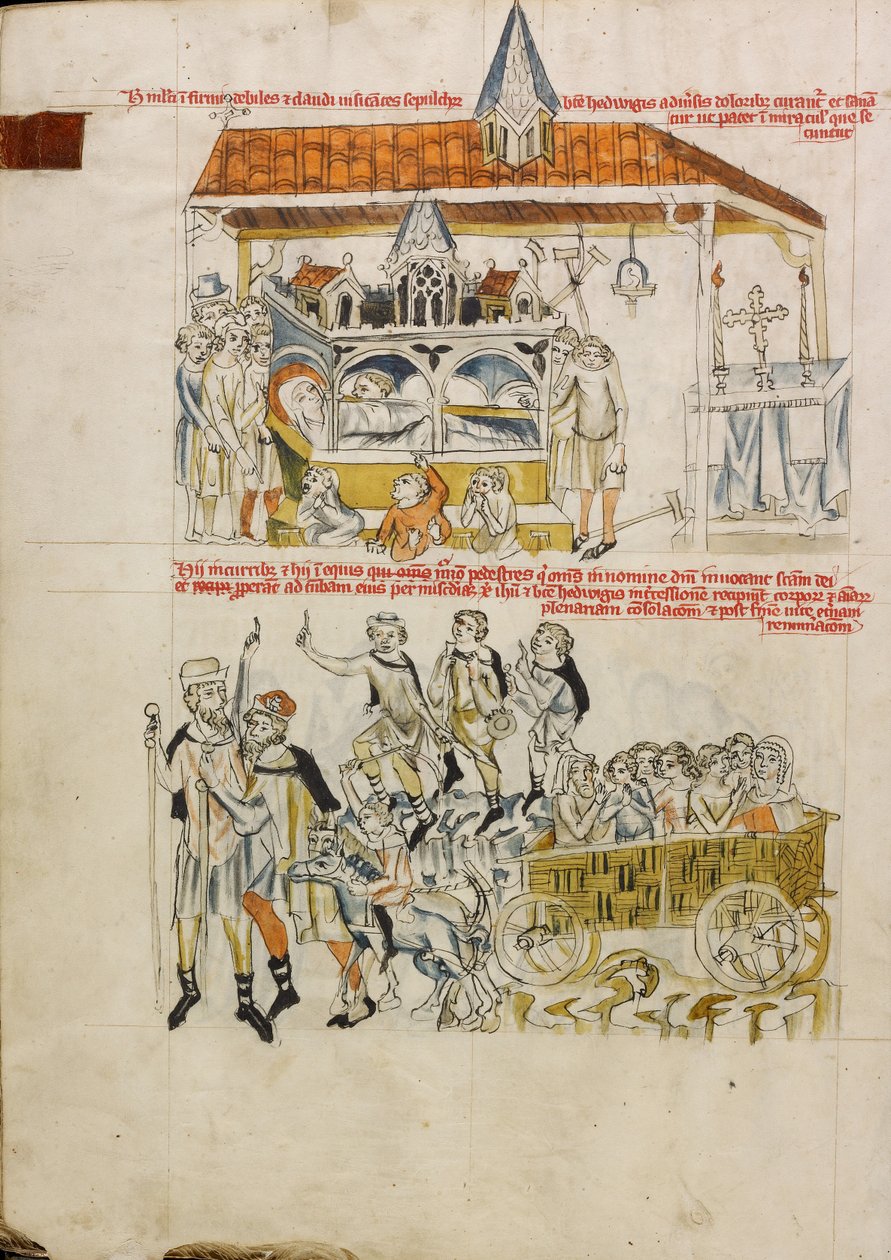 Syge, spedalske og lamme beder ved Sankt Hedwigs grav; folk kommer for at besøge Sankt Hedwigs grav af Unknown artist