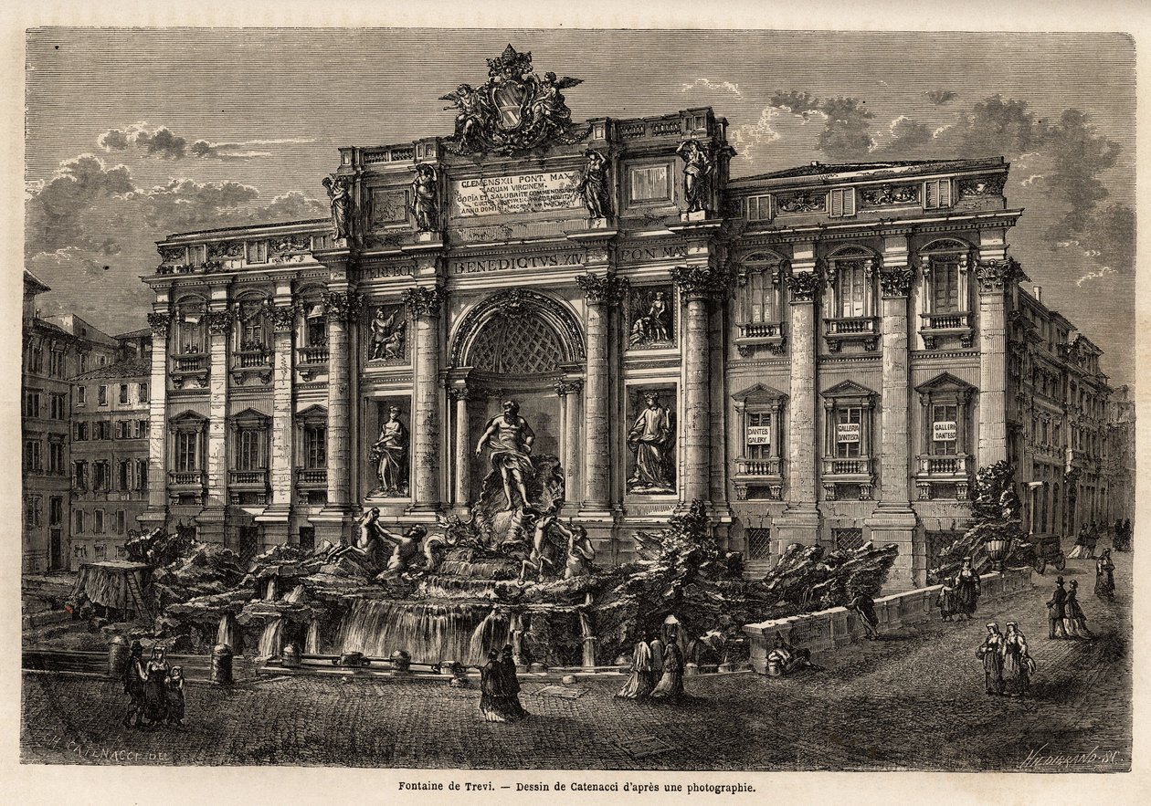 Trevi-fontænen i Rom, færdiggjort i 1762, er et eksempel på videreførelsen af barokstilen i det 18. århundrede i Italien, baseret på Palazzo Poli, dette monumentale værk i form af en triumfbue knuser den lille plads, hvorpå den er placeret. befinde sig. af Unknown artist