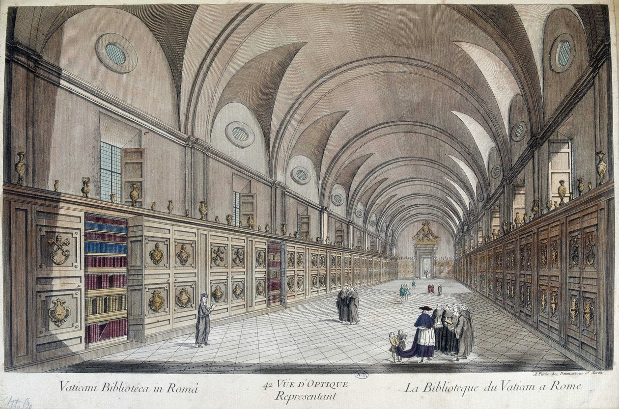 Vatikanets Bibliotheque (Apostolisk Bibliotheque) i Rom, gravering af Unknown artist