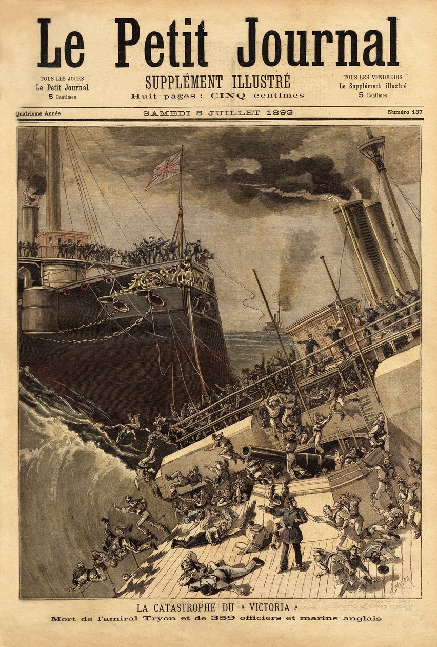 Victoria-slagskibet synker ud for den syriske kyst, ansporet af skibet Camperdown. Indgravering i "" Le petit journal"" 8/07/1893. Selvas samling. af Unknown artist
