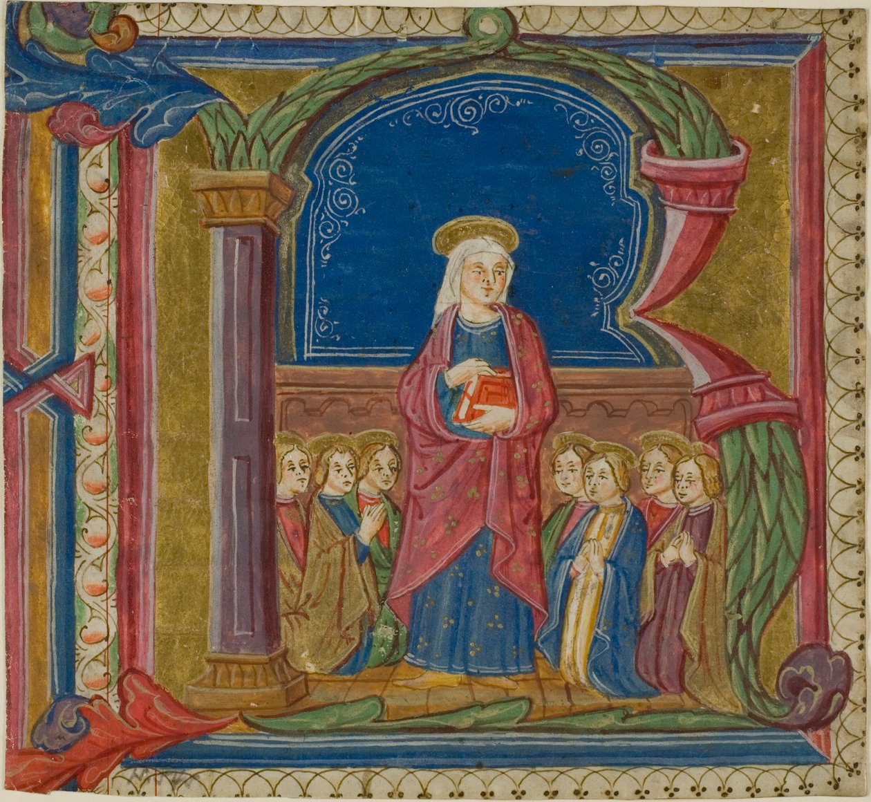 Jomfruen tilbedt af helgener i et historiseret initialt "R" fra en antifonarie af Unknown artist