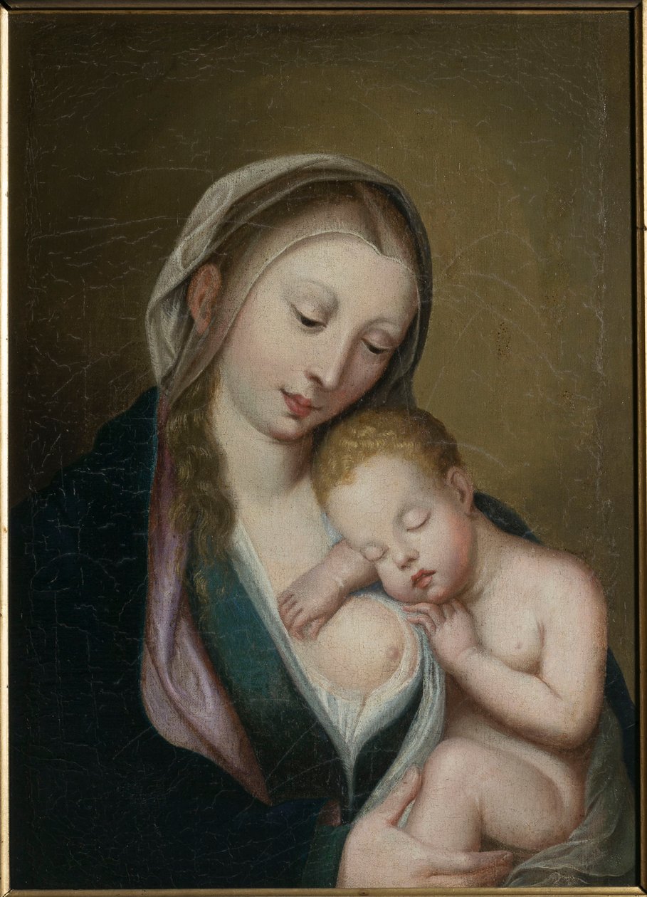 Jomfruen og barnet sover på hendes skulder. 1700-tallet (olie på lærred) af Unknown artist