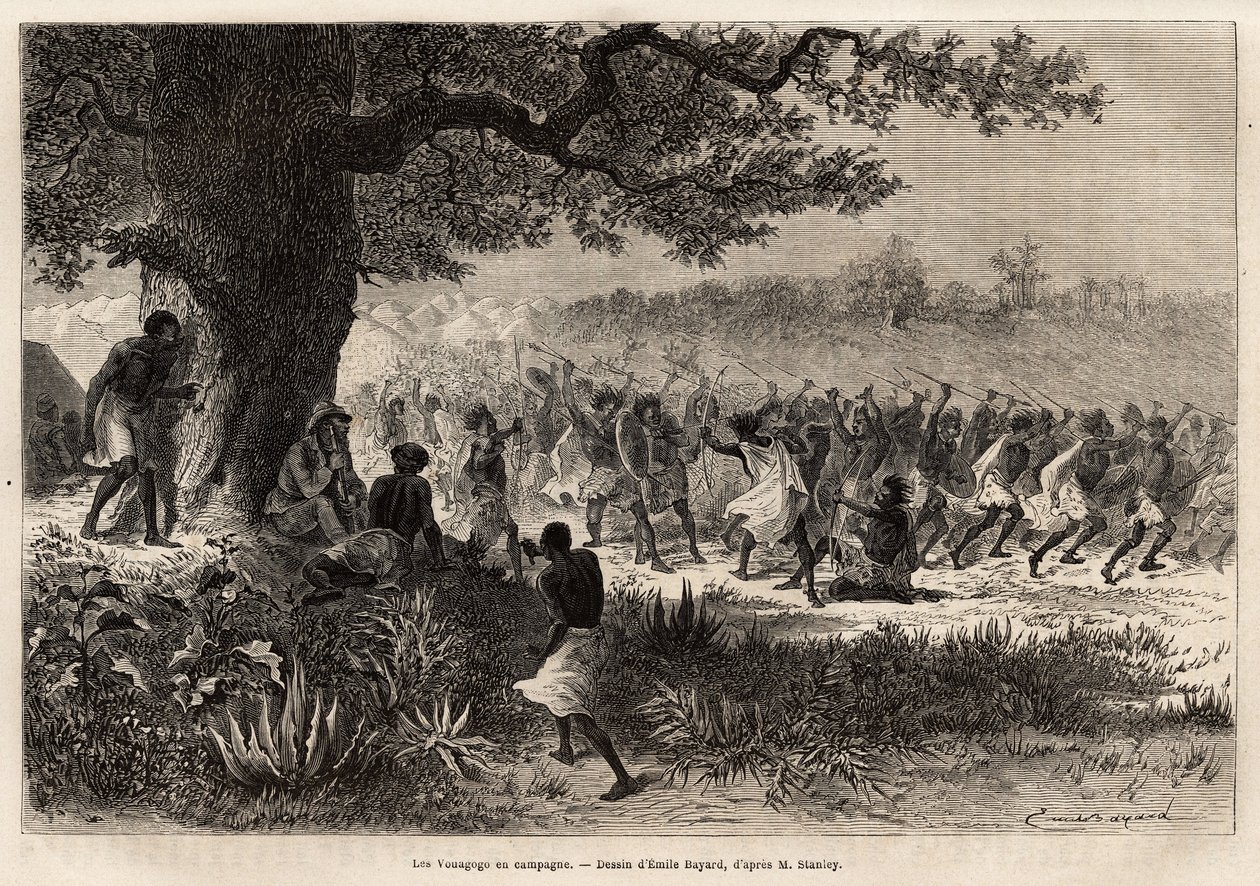Vouagogo (stammen i Tanzania) som forberedelse til krig, under træet, forfatteren til historien Henry Morton Stanley (1841-1904). Gravering for at illustrere rejsen på jagt efter Livingstone i det centrale Afrika af Henry Stanley, korrespondent for "New-Y af Unknown artist