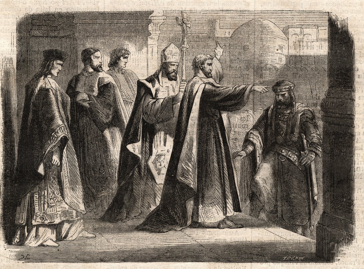 Ærkebiskoppen Sankt Ambrosius af Milano (Aurelius Ambrosius, Ambrogio di Milano (340-397) forbød indgangen til kirken til den romerske kejser Theodosius I (Flavius Theodosius) (347-395) for at straffe ham for massakren i Thessalonika i 390 - Excommunicati af Unknown artist