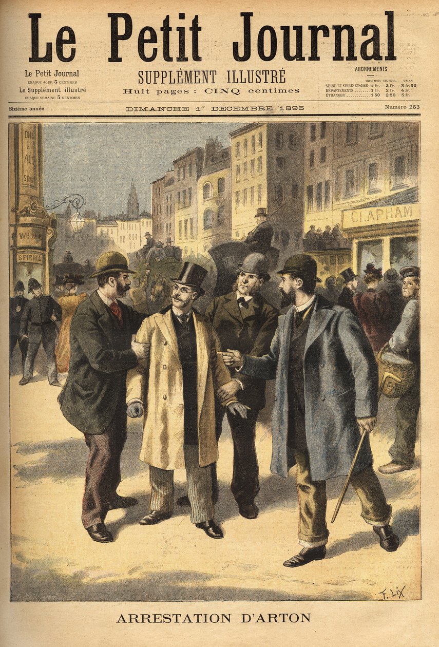 Anholdelsen af Emile Arton (1859-1905), en korrupt mægler i Panama-skandalesagen, som har været på flugt i flere år. Indgravering i "" Le petit journal"" 1/12/1895. Selvas samling. af Unknown artist