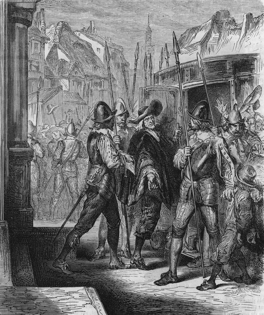 Anholdelsen af Pierre Brousel (1575 - 1654) i 1648 under ordre fra Anne af Østrig, hvilket fremkaldte lettelse for folket (barrikadernes dage) og Fronde. Stik fra 1866. af Unknown artist