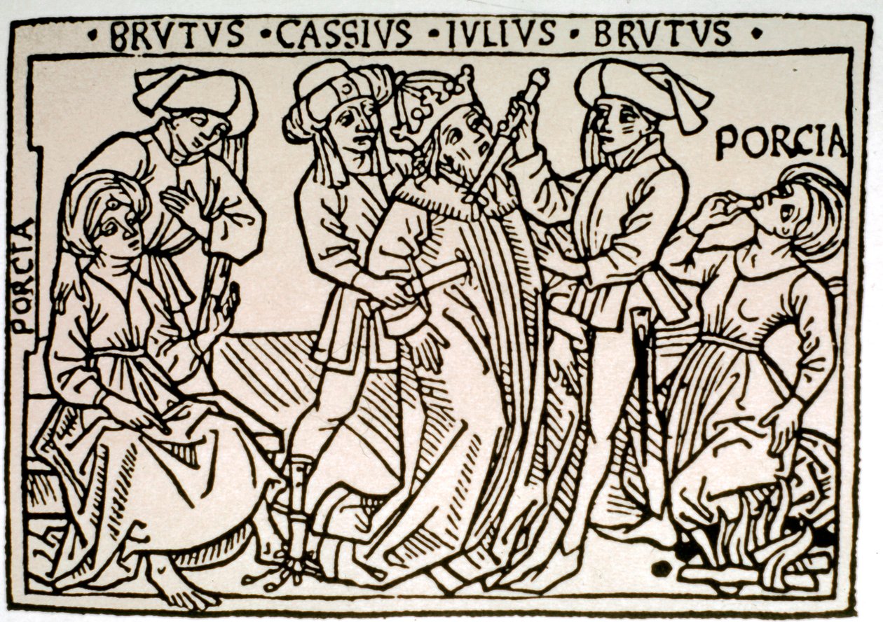 Mordet på Jules Cesar (100-44 f.Kr.): han bliver stukket af Brutus og Cassius, mens Porcie, Brutus