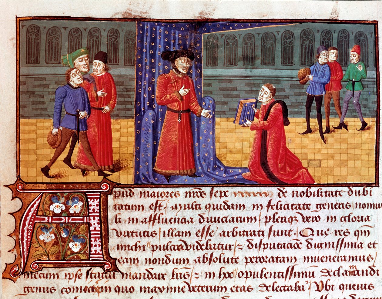 Forfatteren præsenterer sit værk Side taget fra "" Sophilogium"" (Archiloge Sophie. Book of Good Practice) af Jacques Legrand (Legrant) (1365-1415) Torre do Tombo fra det 15. eller 16. århundrede, Lissabon af Unknown artist