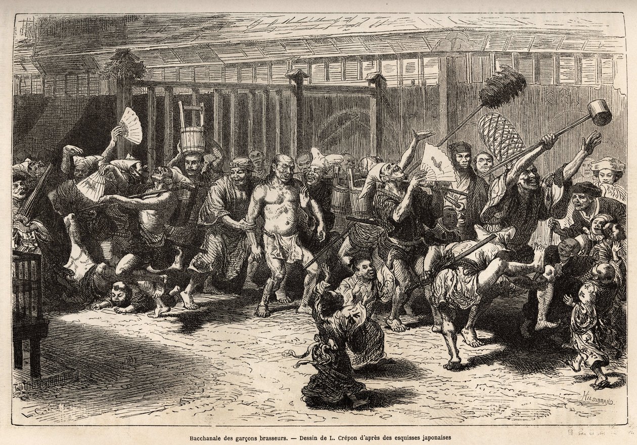 Bryggernes bacchanal nytårsaften, efter at have modtaget deres løn og festoye, går de ind i et glædeligt og larmende optog i Edo (det nuværende Tokyo), udstyret med en enorm sakevask og en lang støvsuger til at skubbe til lofterne , prinsen af d af Unknown artist