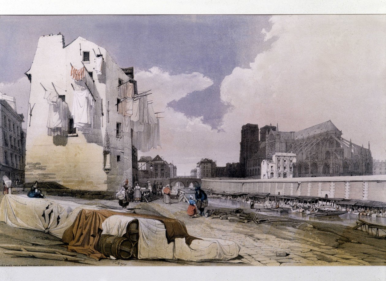 Bredden af Seinen og Notre Dame de Paris - litografi af Unknown artist