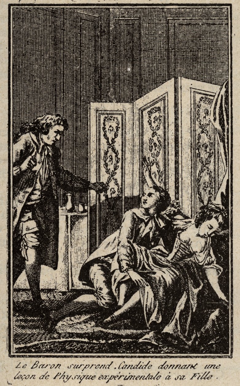 Baronen overrasker Candide, der giver en lektion i eksperimentel fysik til sin datter Frontispice for "" Candide"" af Francois Marie Arouet dit Voltaire. af Unknown artist