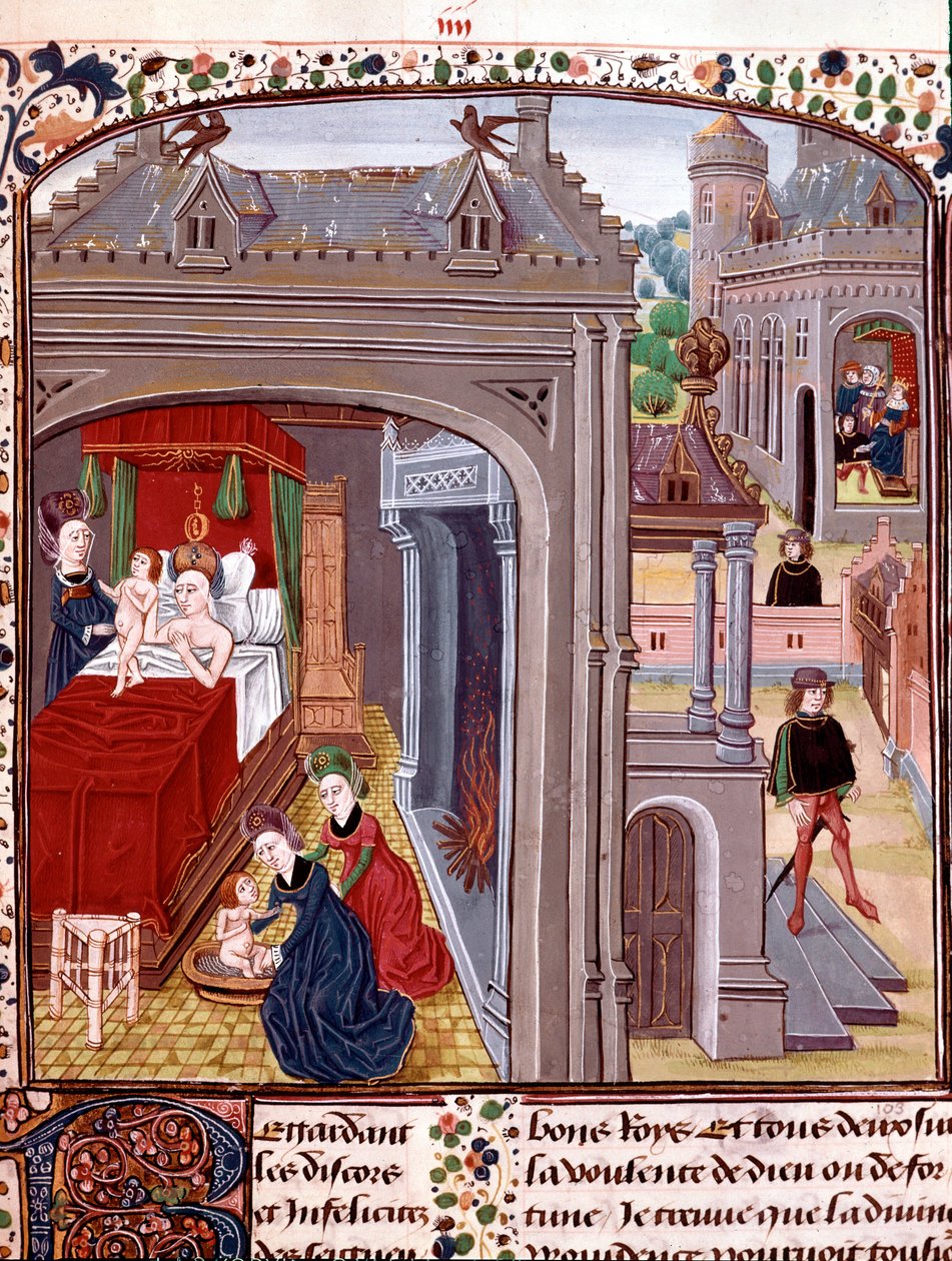 Fødslen af Alexander den Store (356-323 f.Kr.), søn af Olympias og Nectanebo II Miniature taget fra "" History of Alexander the Great"" af QuinteCurce (Quintus Curtius Rufus) (1. århundrede e.Kr.) 15. århundrede Chantilly, museum Conde af Unknown artist
