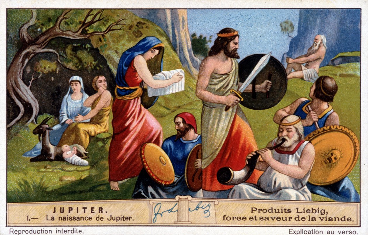 Jupiters fødsel skjuler Rhea ham i hemmelighed og giver en sten pakket ind i linned til Titan Saturn - Liebig kromolitografi af Unknown artist