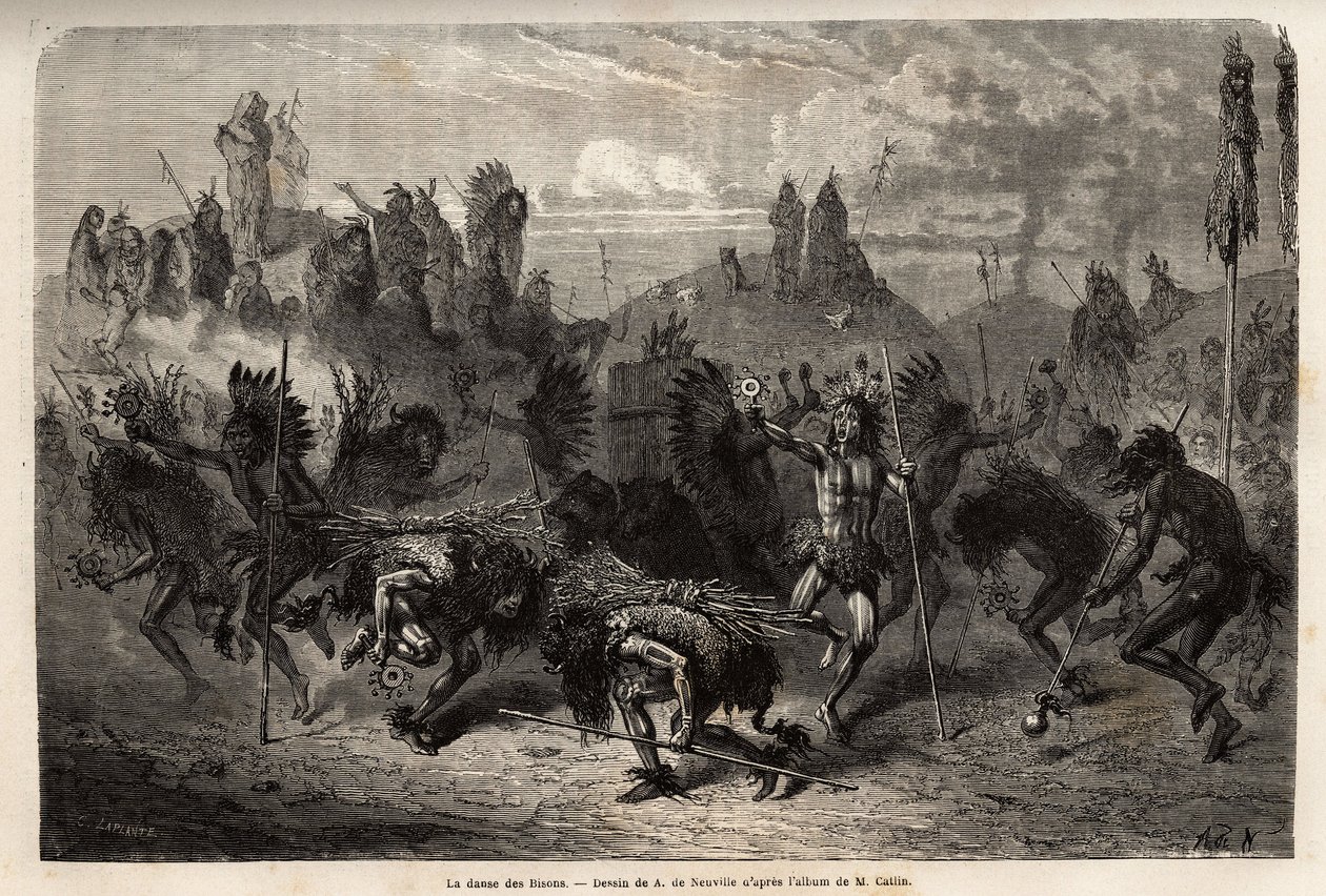 Bisondansen udført af krigerne i Mandans-indianerne (eller noumah ka kie: fasaner) på den venstre bred af Missouri. Gravering til illustration af en udflugt blandt indianerstammerne i bassinerne i Colombia og Upper Missouri, af G. Catlin, i 1855, s. af Unknown artist