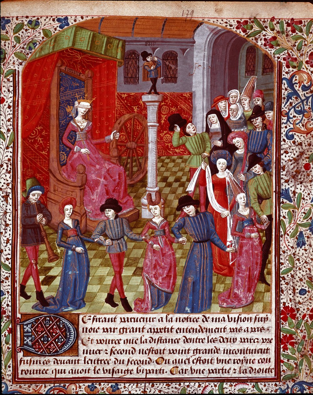 Den blinde formue, der drejer hjulet, folkene før den er allegorien om skæbne, lykke og miniature Malheur taget fra "The Tresor of Sapience"" (eller "The Treat of the Garden in Love") af Jean Gerson (1363-1429) (ms. 1513, fol. 179 r.) 15. årh af Unknown artist