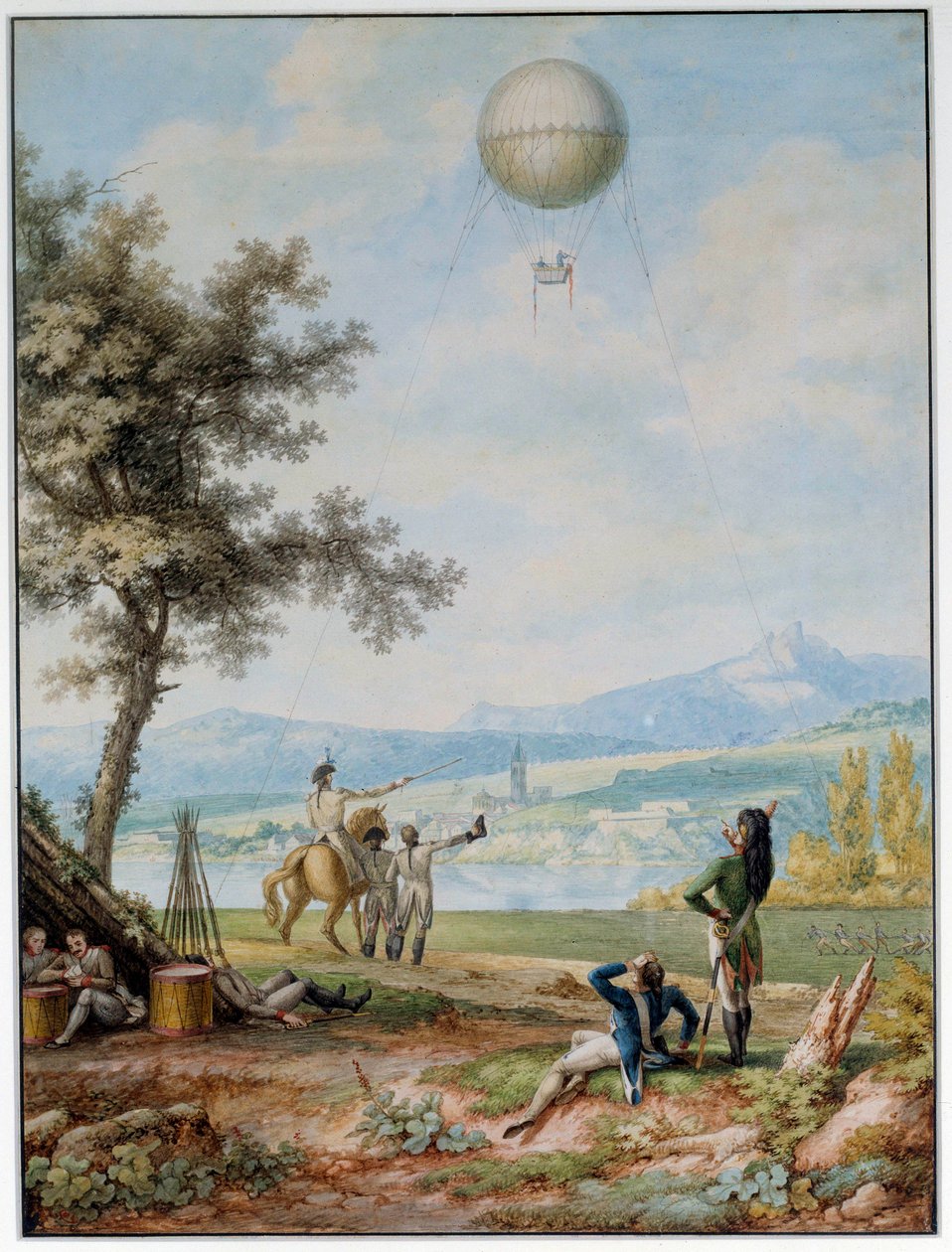 Blokaden af Mainz: højborgen er omgivet af den første koalitions hær den 14/04/1793. En ballon over byen i en belejringstilstand brugt til militære formål. 1700-tals tryk. Paris. Luftmuseum af Unknown artist