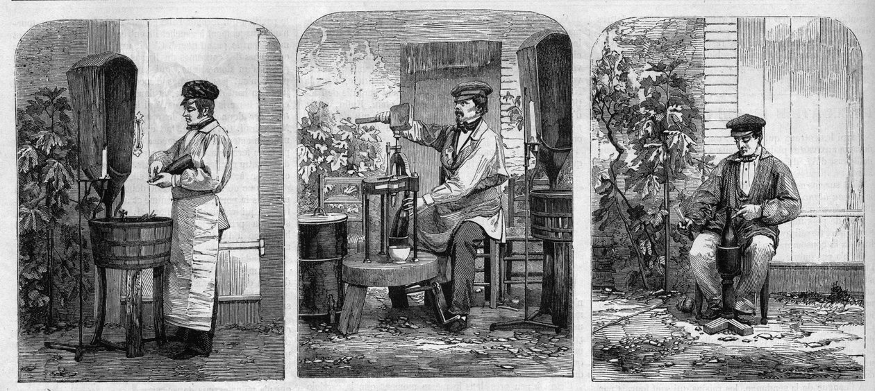 Aftapning af champagnevin. Stik fra 1864. af Unknown artist