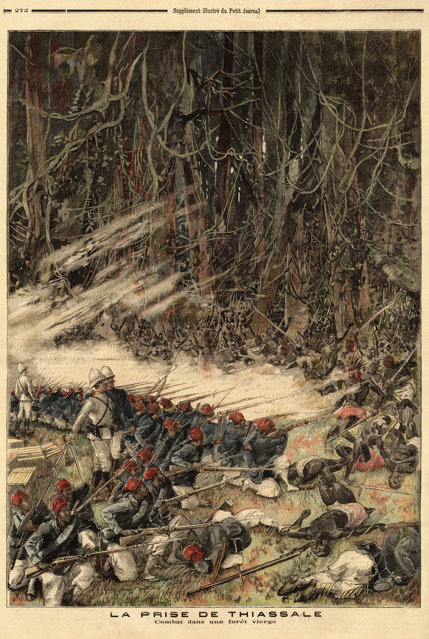 Erobringen af Thiassale (Elfenbenskysten), af kaptajn Jean Baptiste Marchand (1863-1934), kommandant for koloniens militære styrker, med en troppe på 115 mand kæmpede de mod Baoule-krigerne mellem Bendama-floden og urskoven. Indgravering i "" Le s af Unknown artist