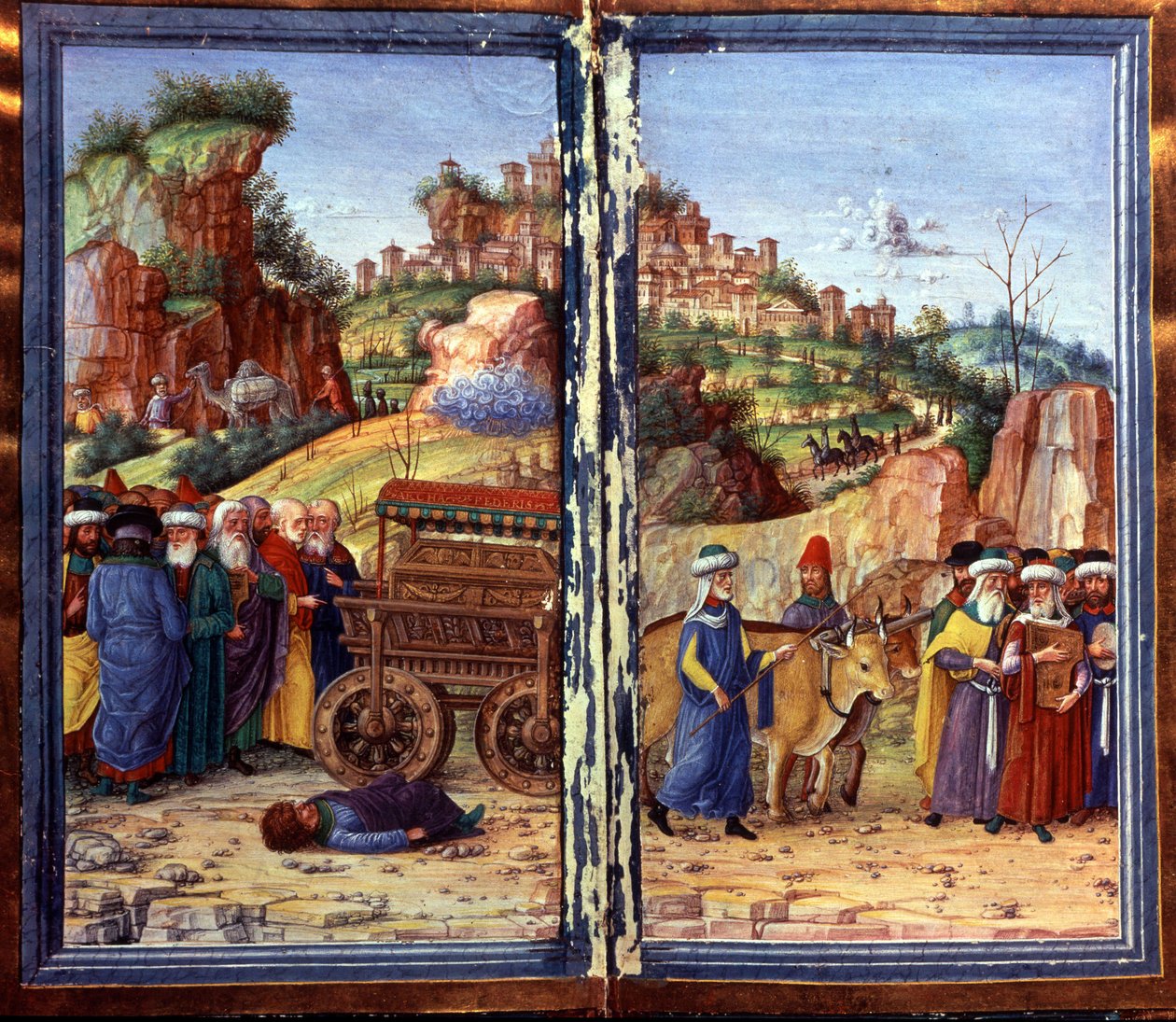 Vognen af Pagtens Hellige Ark, efterfulgt af David, der spiller psalterion; Ozam, der havde forsøgt at holde hende, ligger på jorden, død. Davids Psalterion af Unknown artist