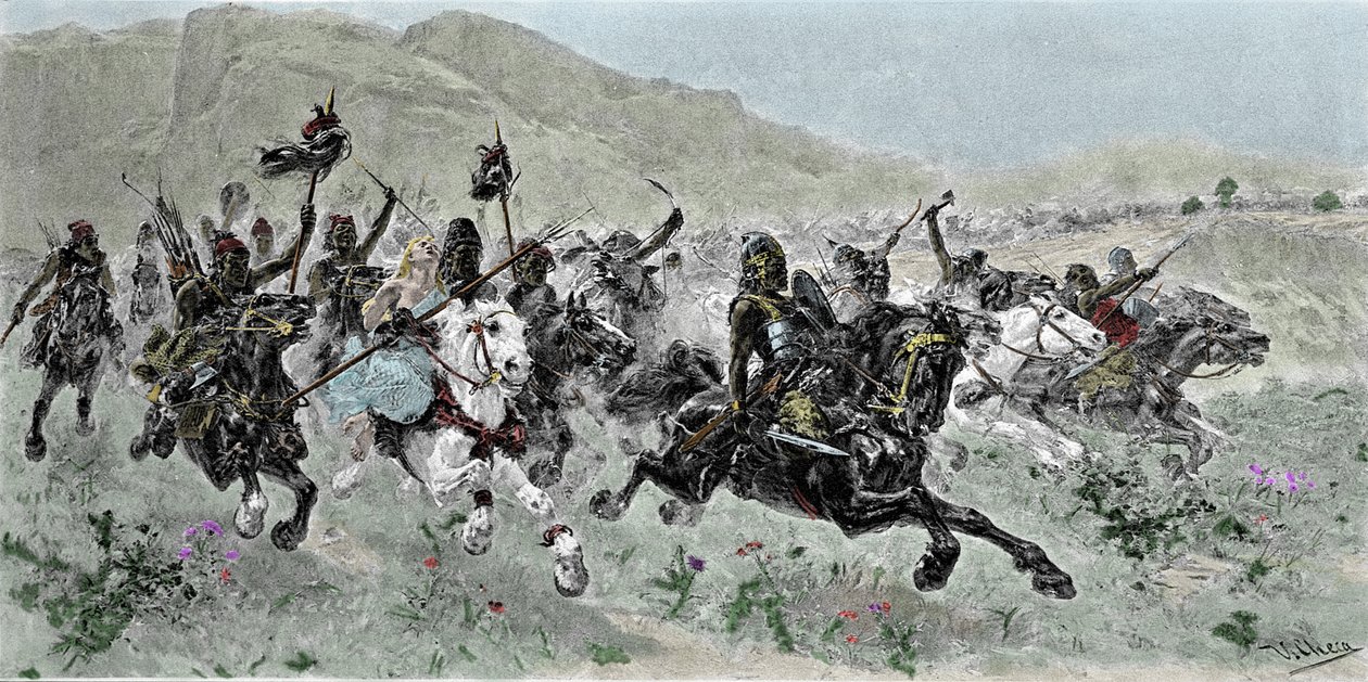 Hunnernes anklager ledet af Attila (405-453), udskyder Italien, 5. århundrede - Indgravering af U. Checa af Unknown artist