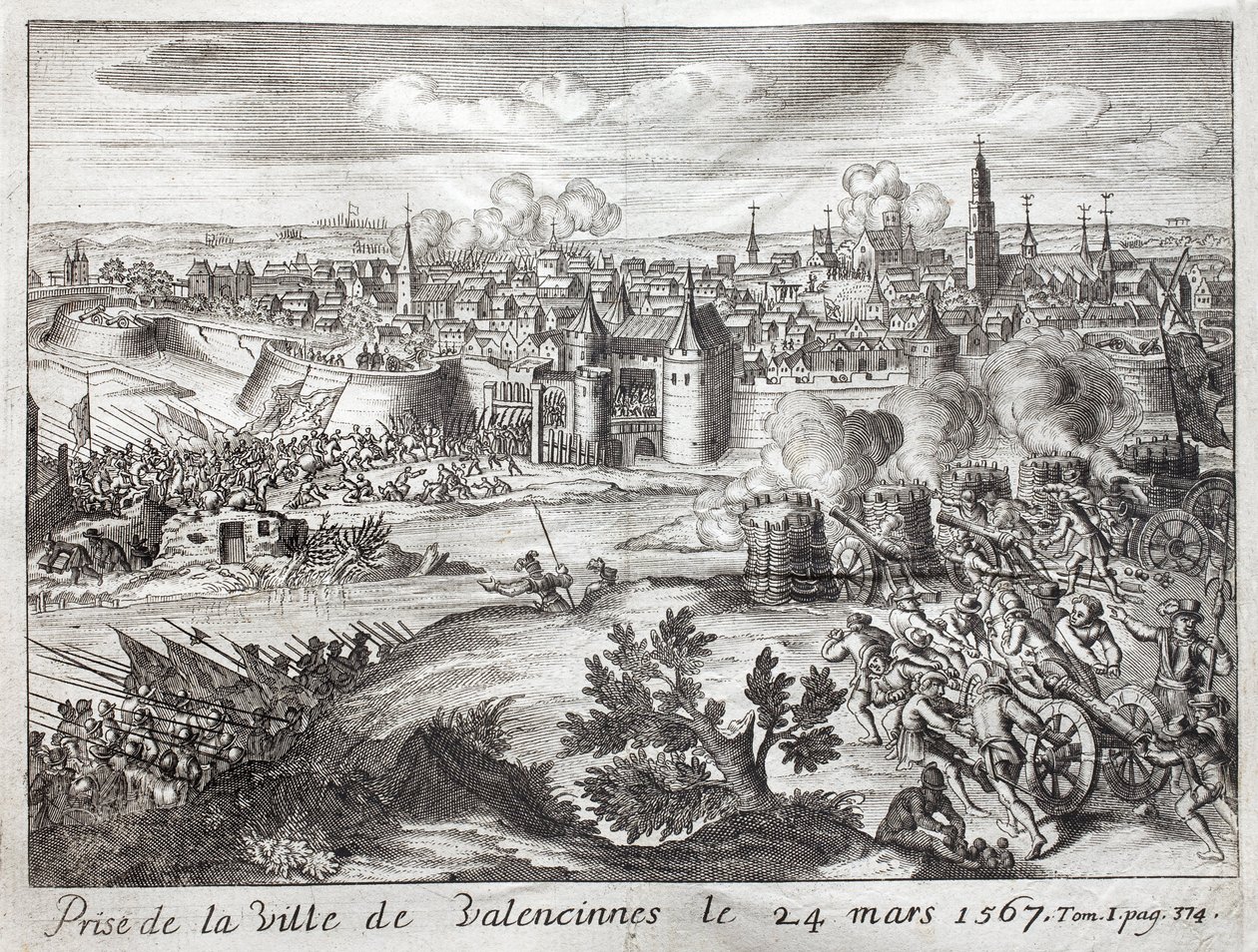 Byen Valenciennes (Frankrig) blev indtaget den 24. marts 1567. Første slag i Gueux-oprøret (begyndelsen af 80-årskrigen (80 år eller 80 år) (Nederlandenes oprør) (1568-1648). for at illustrere "History of the War of F af Unknown artist