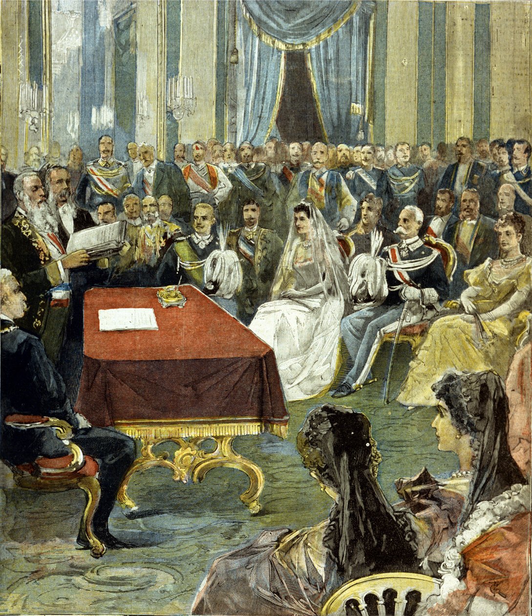 Prinsen af Napoli - som blev til Victor Emmanuel III (Victor Emmanuel) (Vittorio Emanuele) - borgerligt ægteskab med prinsesse Helene af Montenegro ved Quirinalpaladset i 1896. I midten kan du se Humbert I (Umberto) til venstre for bruden. af Unknown artist