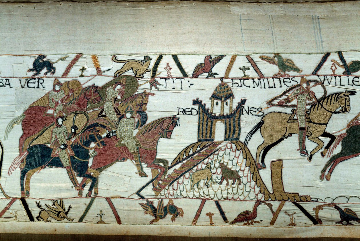 Erobringen af Bretagne af hertugen af Normandiet Vilhelm Erobreren (1027-1087): erobringen af Rennes Detalje af Bayeux-tapetet eller Broderi af Dronning Mathilde af Unknown artist