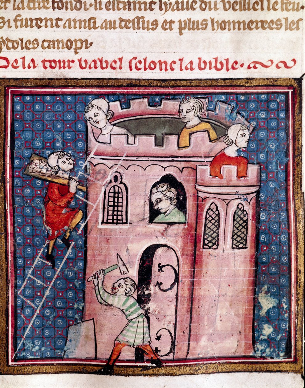 Opførelsen af Babelstårnet Detalje af en oplyst side af manuskriptet "Bible Historiale"" af Guiart Des Moulins 14. århundredes kommunale bibliotek Troyes af Unknown artist