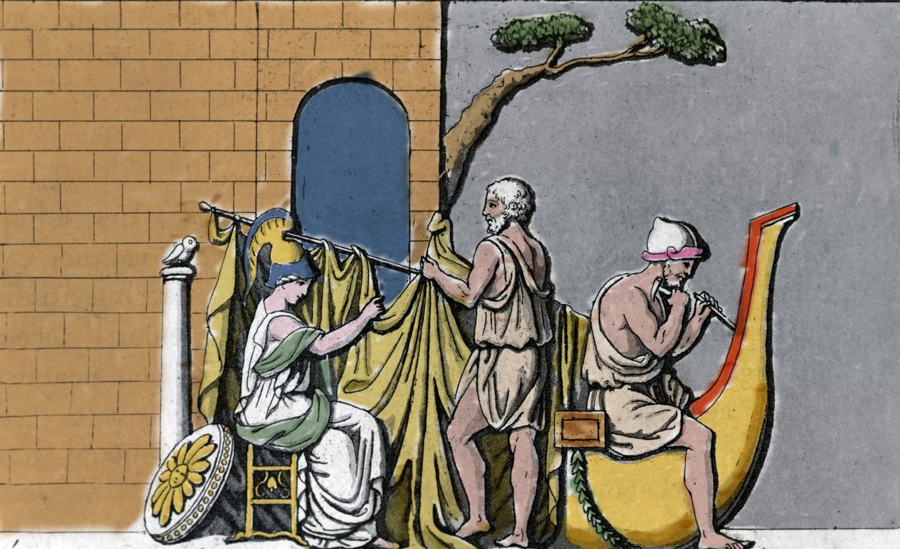 Konstruktionen af skibet Argo, assisteret af Minerva, med det hellige træ af egetræerne i Dodone. af Unknown artist