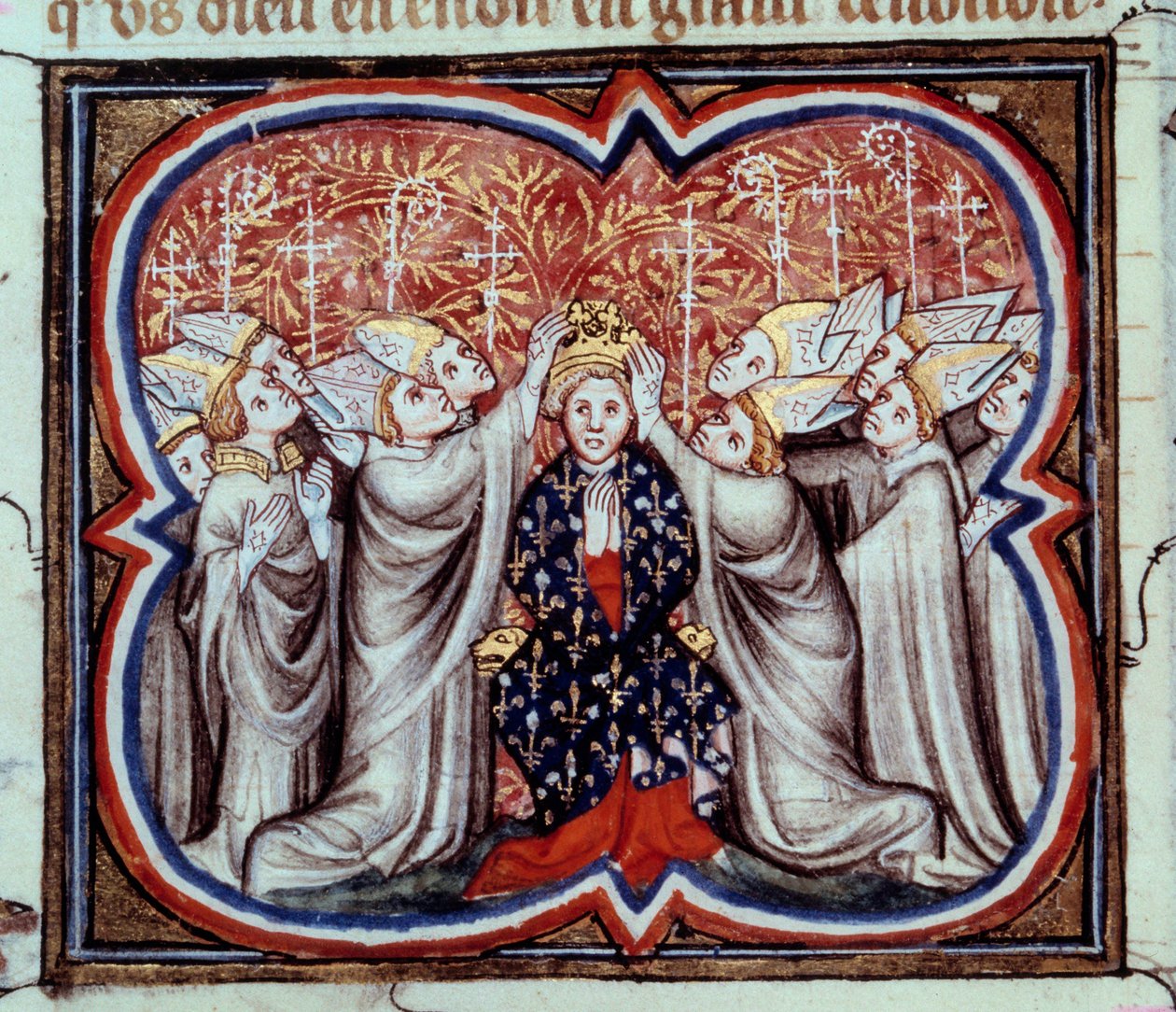 Kroningen af kong Philip Augustus (1165-1223) i katedralen i Reims den 1/11/1179. Miniature fra et manuskript fra 1300-tallet. Paris, B.N. af Unknown artist