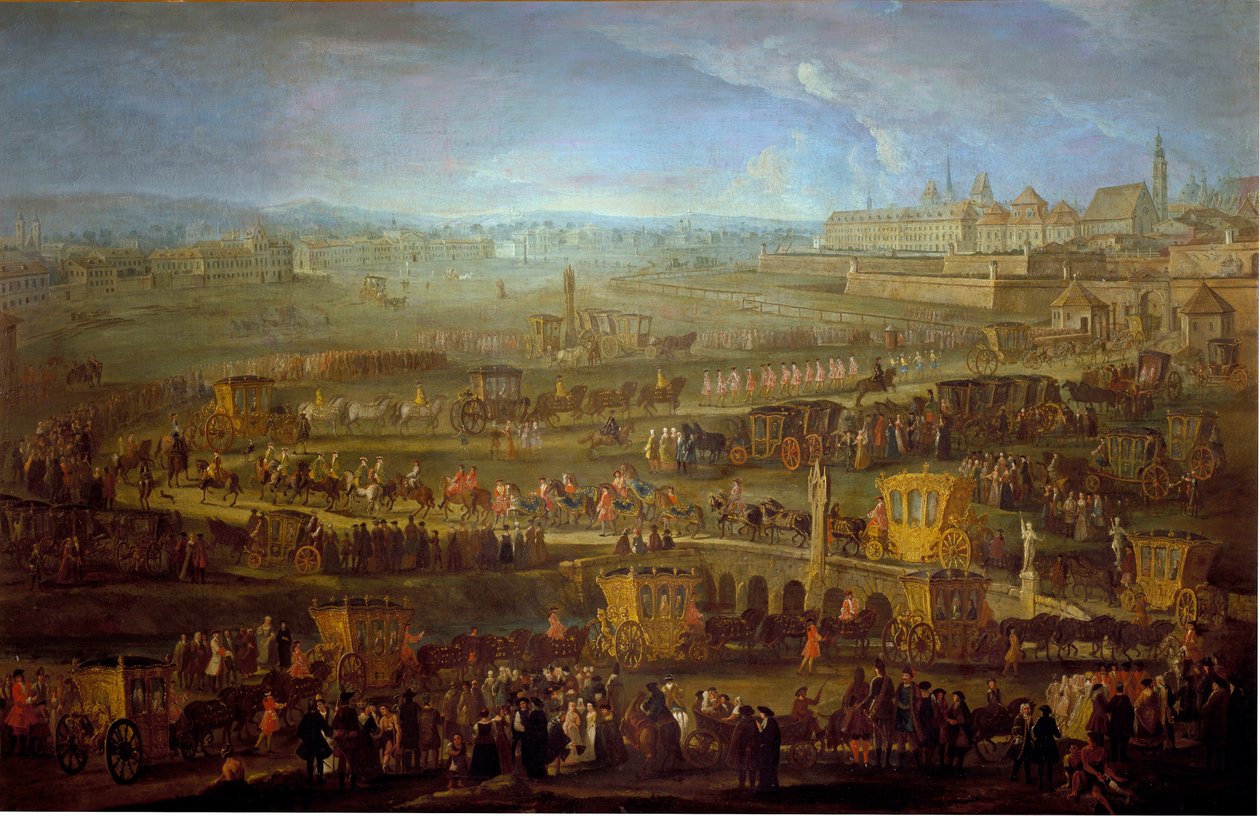 Marquis of Mirepoix (1699-1757) ambassadørs kortege med de franske diplomatiske repræsentanter i Wien 12/10/1738 Anonymt maleri fra det 18. århundrede. Wien, Historisches Museum of the City af Unknown artist