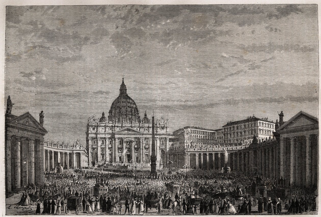 Publikum skyndte sig til Peterspladsen i Vatikanet for at modtage påskens store velsignelse af pave Pius IX (1792-1878). Gravering til illustration af historien om den hellige uge i Rom i 1863 af Ludovic Celler i "Le tour du monde, nouveau journal des voy af Unknown artist