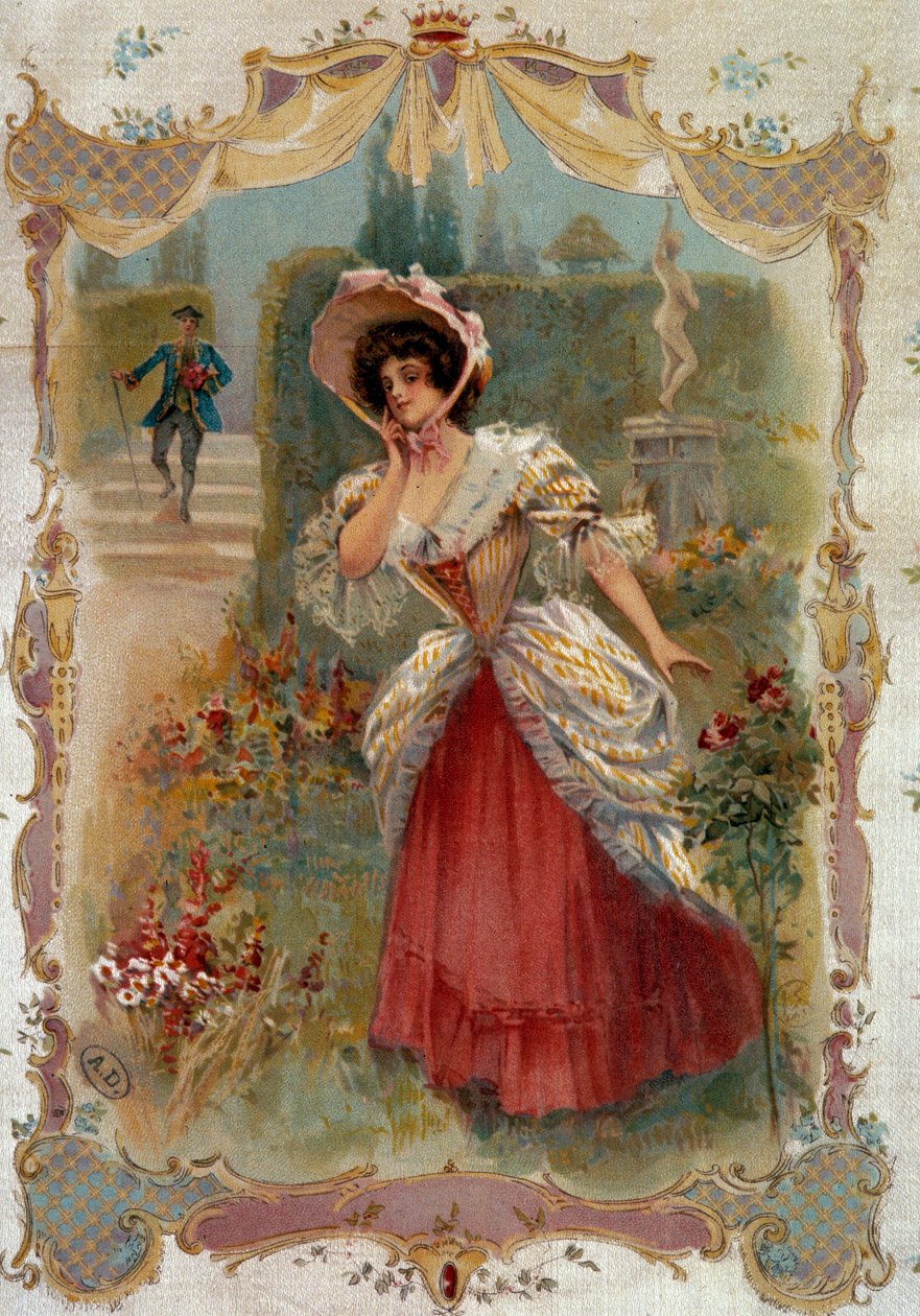 Daten En ung kvinde venter på sin forlovede. Litografi af det 19. århundredes Paris, dekorativ kunst af Unknown artist