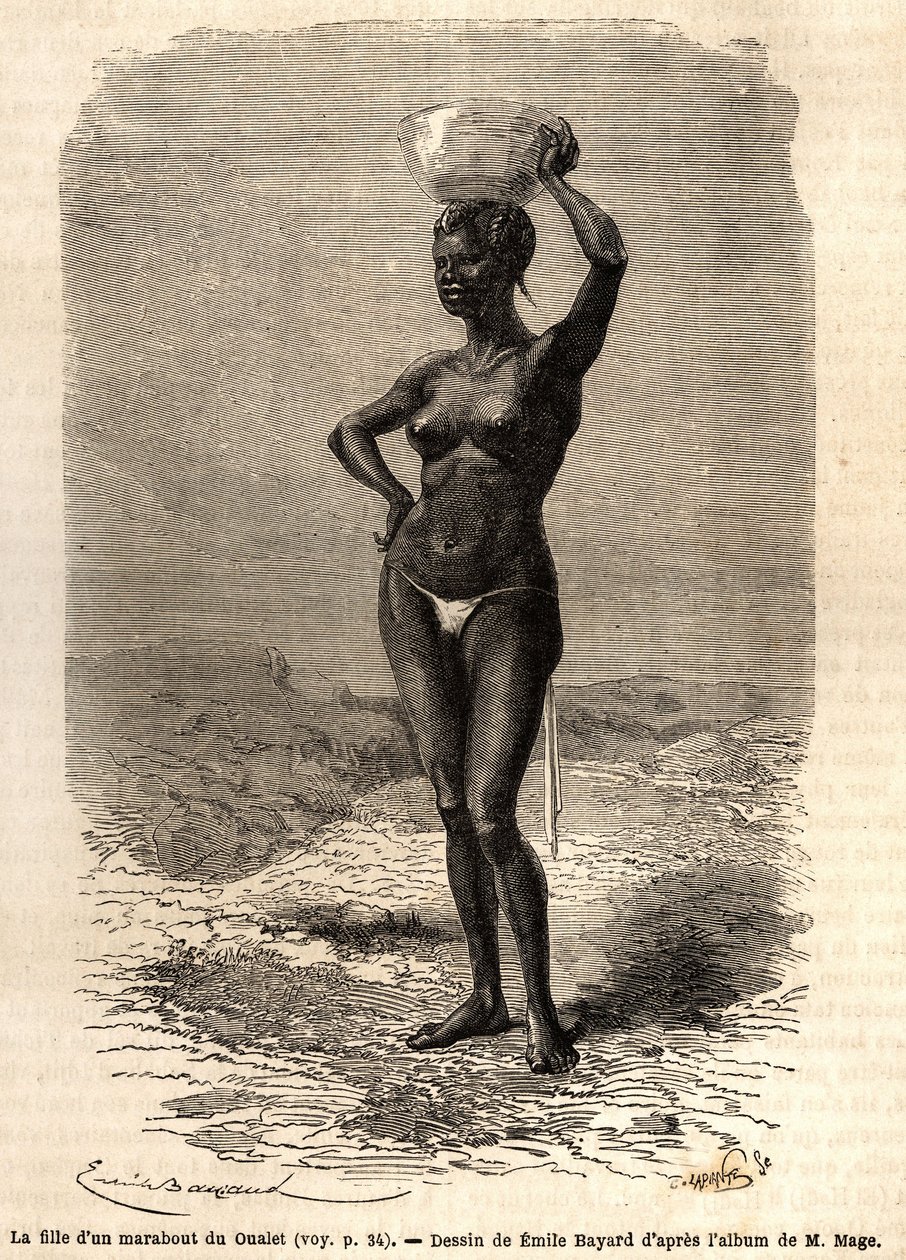 Datteren af en marabout fra Oualet (Mauretanien), iført en jatte på hovedet for at lave sort sæbe. Gravering til illustration af løjtnant (Flåden) M. Mages rejse til Vestsudan i 1863-1866, offentliggjort i "Le tour du monde, nouveau journal des voyages" af Unknown artist