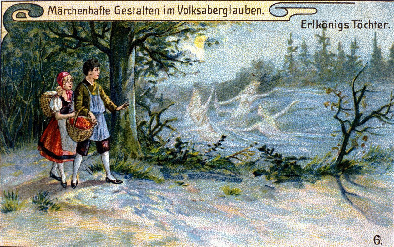 Elvernes konges døtre. Vidunderlig karakter af tysk mytologi. kromolitografi fra det 19. århundrede. af Unknown artist