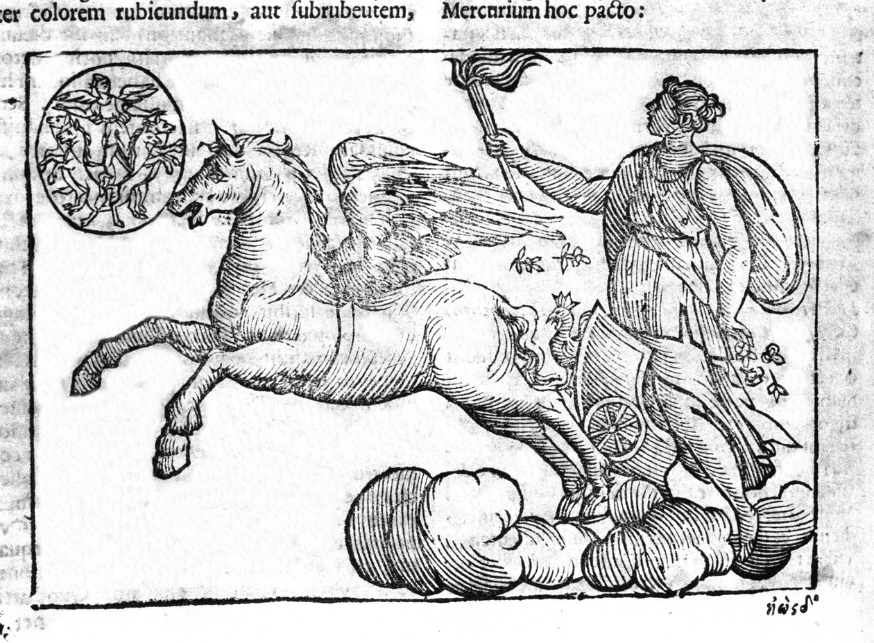 Daggry (solens vogn). Allegori om solopgangen med tegnene fra græsk og romersk mytologi på himlen. Indgravering fra "Mythology and Explanations of Fables" af Natalis Comitis. 1637. af Unknown artist