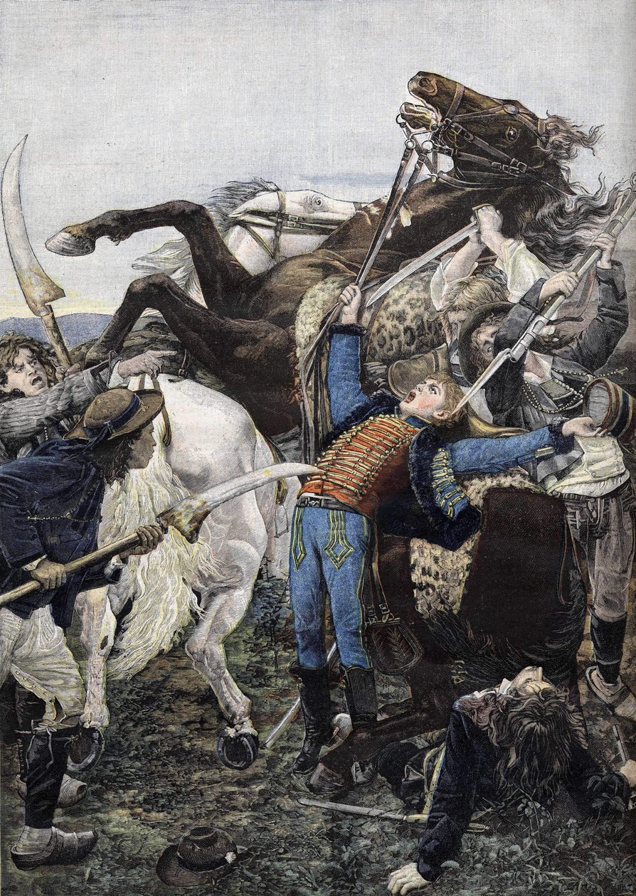 Joseph Baras død (1779-1793), trommeslager i de republikanske tropper og sandsynligvis dræbt af tyve. Stik fra 1894 af Unknown artist