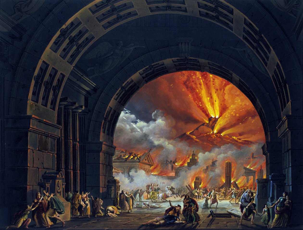 Ødelæggelsen af ​​Pompeji. (Vesuve Eruption) Oliemaleri til operaen af ​​Giovanni Pacini. "Den sidste dag i Pompeji." 1817. Theater alla Scala i Milano. af Unknown artist
