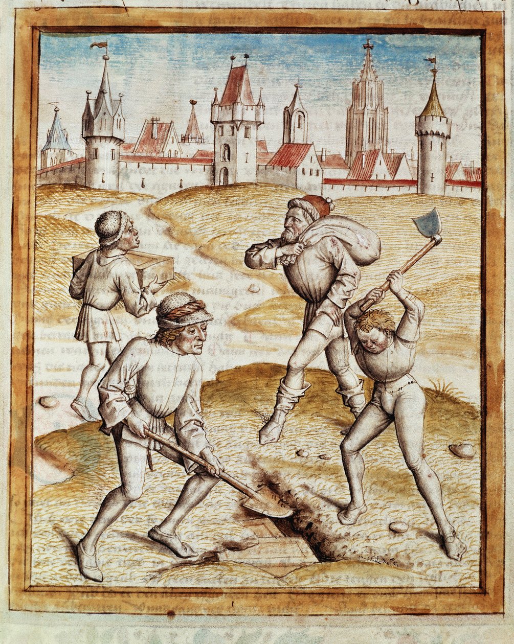 Opdagelsen af en skattemester i forstæderne til en befæstet by Miniature taget fra en tysk oversættelse af fablerne om "Kalila (Calila) og Dimna" af Bidpai. (ms. 1389, fol. 1) omkring 1480 Chantilly, museum Conde af Unknown artist