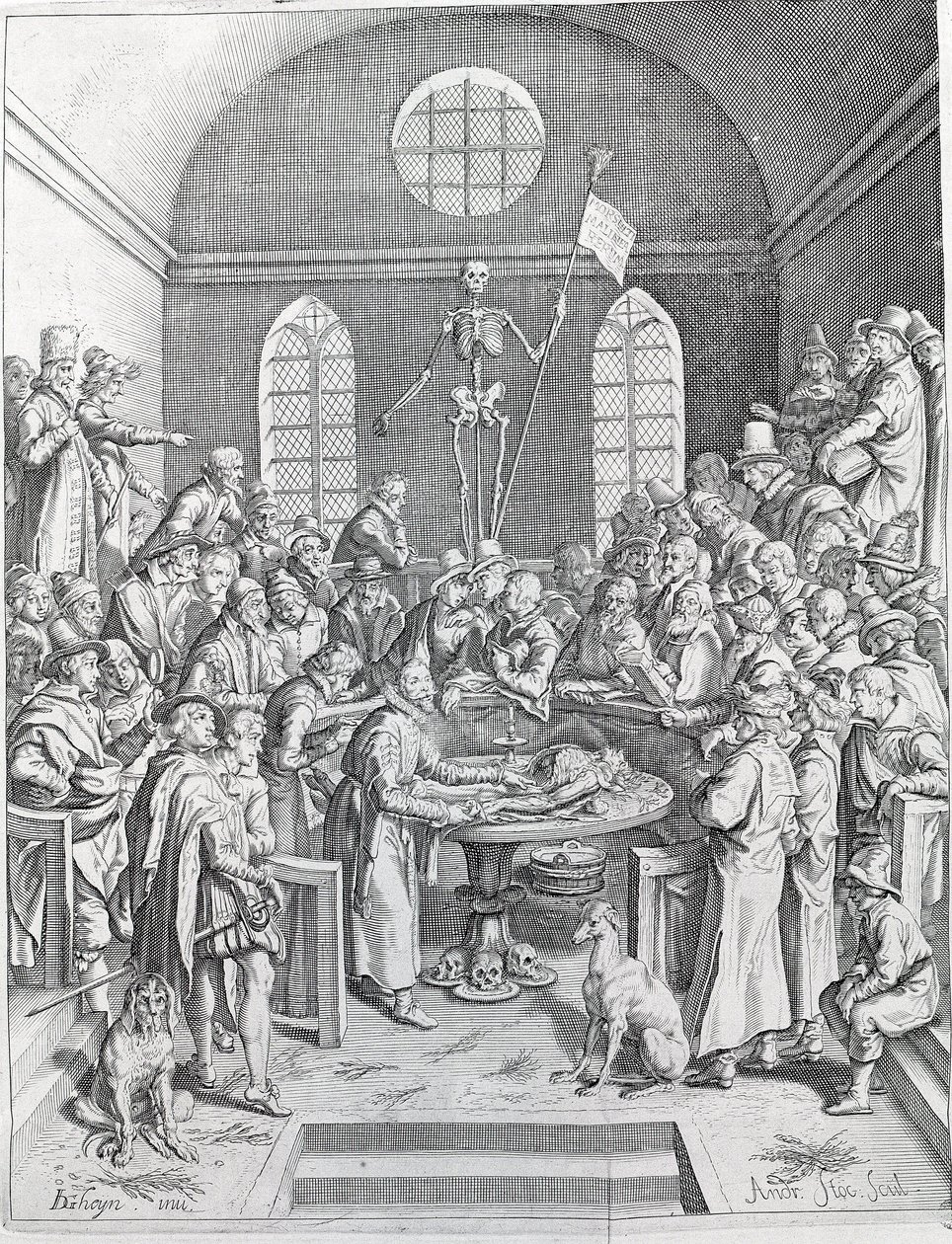 Dissektionsgruppen af læger og videnskabsmænd genforenes for at følge en dissektion i et amfiteater. Stik fra 1788 af Unknown artist
