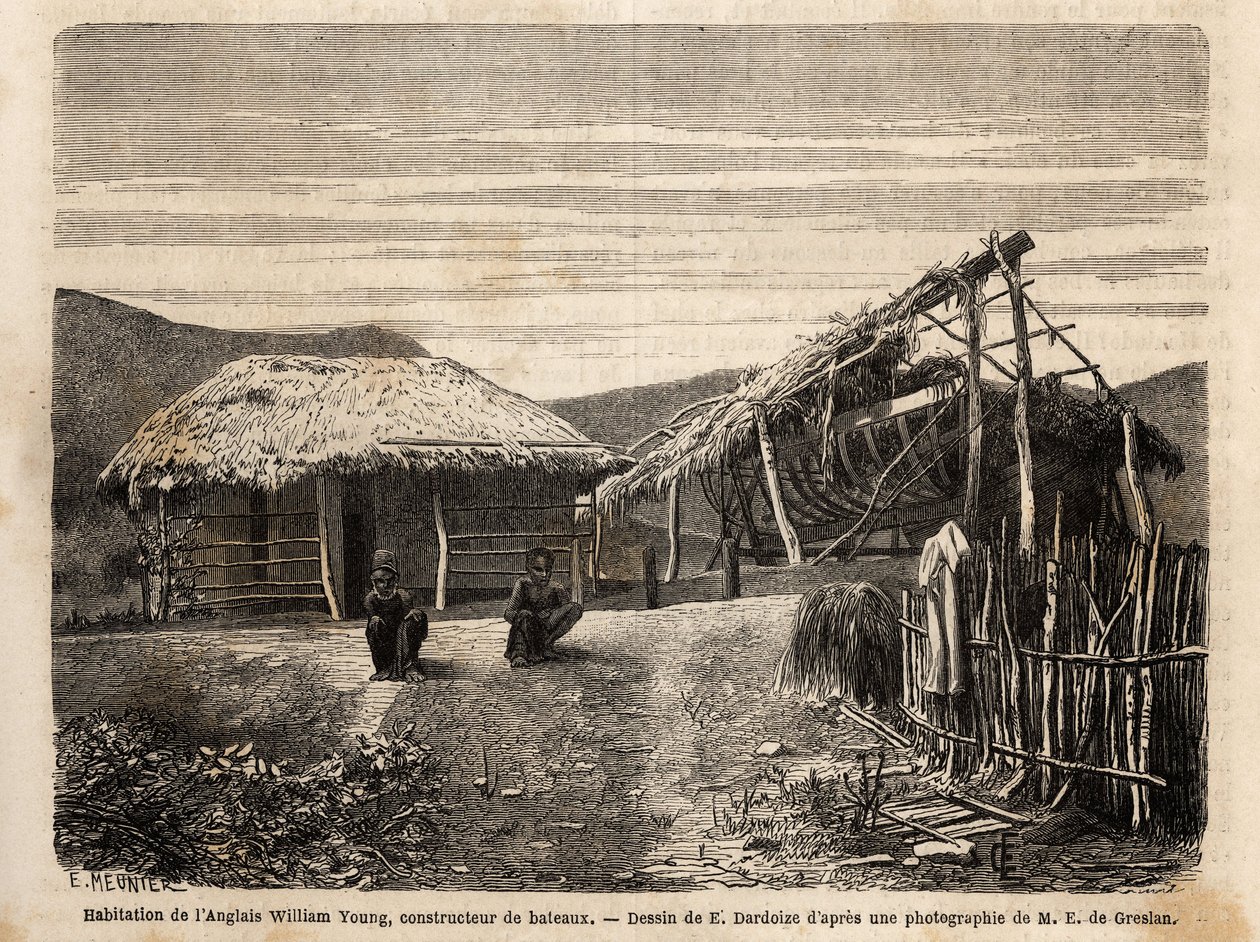 Boligen og skibsværftet for en engelsk bygmester nær Noumea, som bruger indfødt arbejdskraft eller fordømmer dem indtil slutningen af deres tid med hårdt arbejde. Engravure pour illustrrer le voyage à la Nouvelle Caledonie, af Jules Garnier, civilingeniør  af Unknown artist