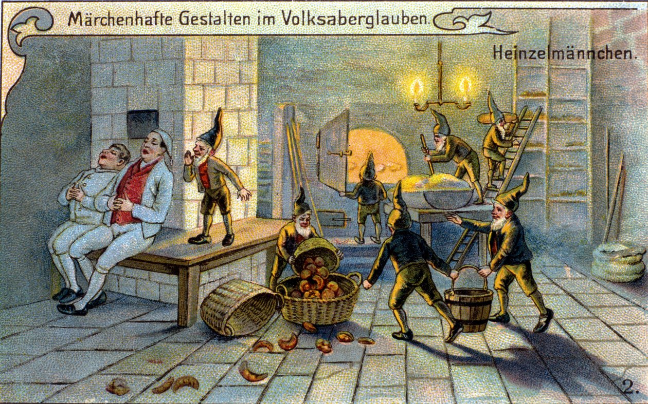 Nisserne, vidunderlige karakterer af den populære tradition: de tilbereder brød, mens bagerne sover. kromolitografi fra det 19. århundrede. af Unknown artist