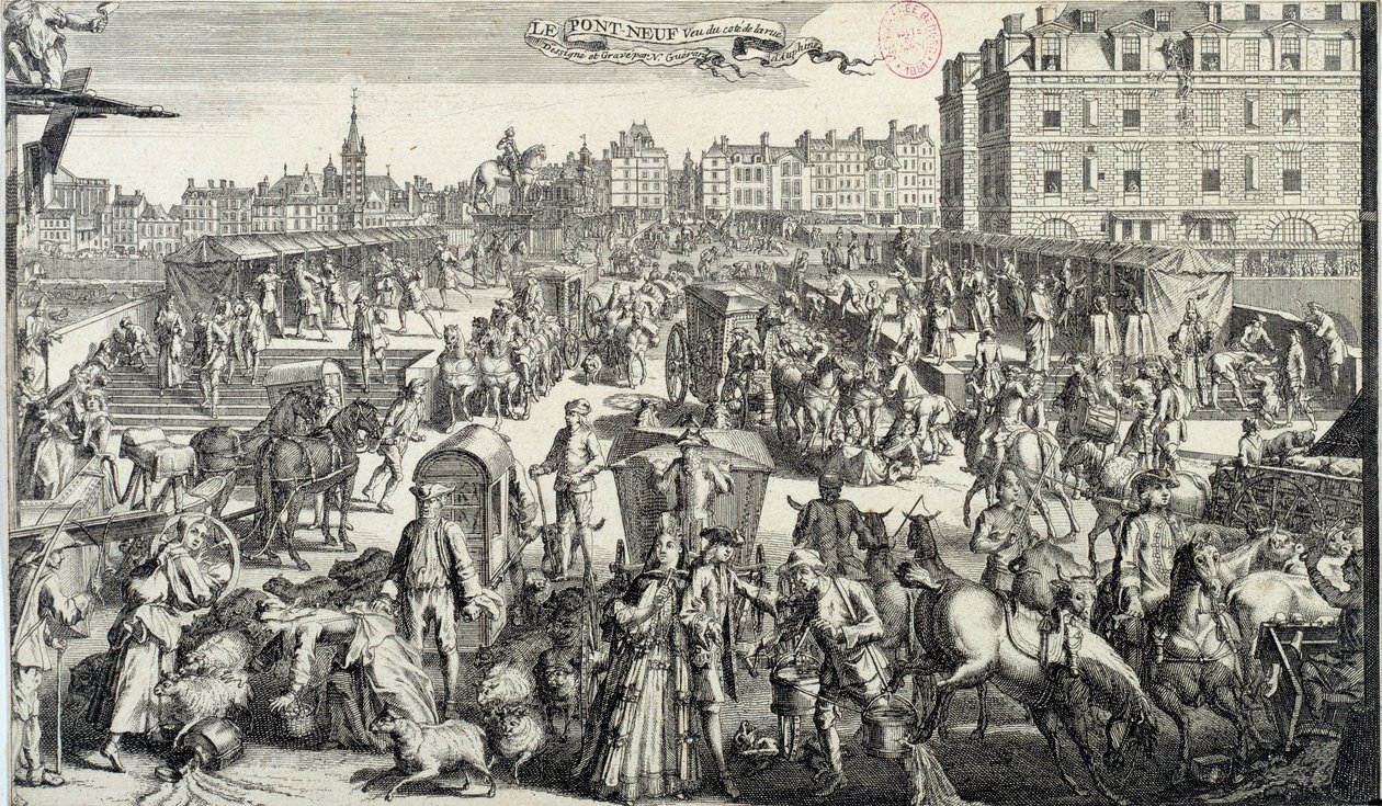 Forlegenheden ved Pont Neuf i Paris. Illustration af trafik og trafikpropper i gaderne i Paris i det 18. århundrede. Stik fra 1710. Paris, Musee Carnavalet af Unknown artist