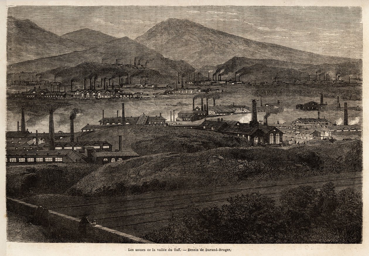Fabrikkerne i Taff Valley. Tegning af Durand Brager, for at illustrere et besøg på de store fabrikker i Wales i 1862, af L.Simonin. Indgravering i "" Le tour du monde"", redigeret af Edouard Charton af Unknown artist