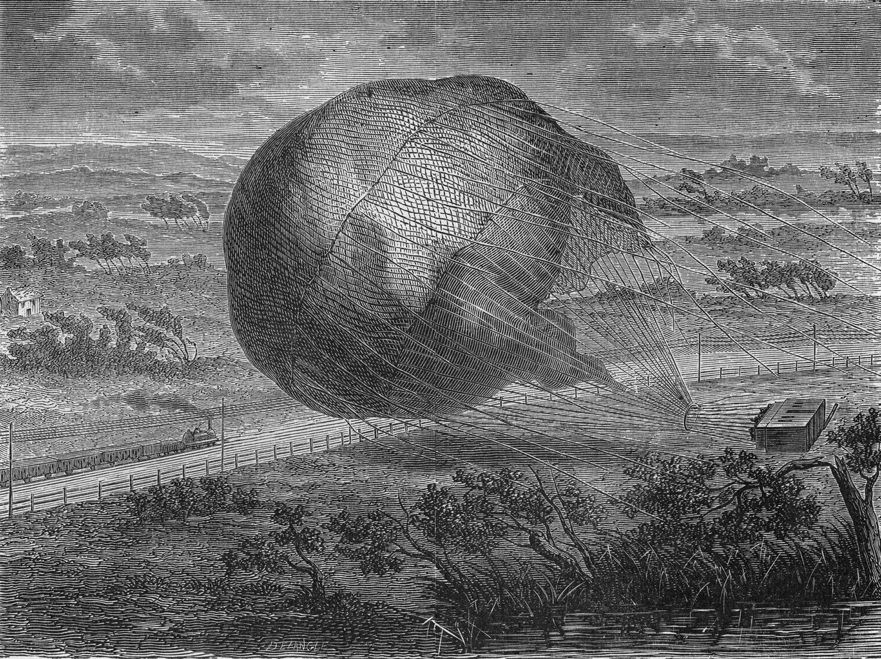 Kuglens fald "" The Giant"" på Hannovers sletter i 1863 med ombord: Jules og Louis Godard, Felix Nadar, hans kone, Fernand Montgolfier og Thirion. I” Album de la Science”, Éditions Jouvet af Unknown artist