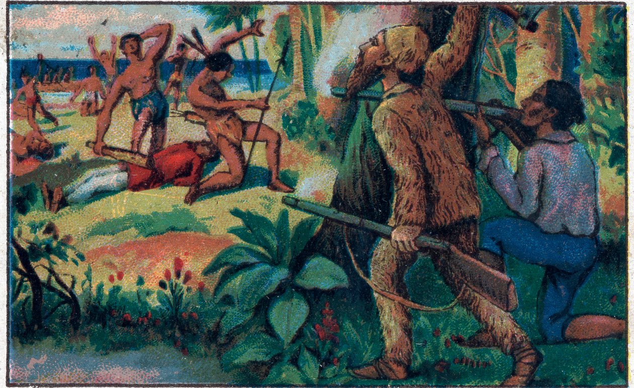 Kampen med de vilde. Illustration til Daniel Defoes bog (De foe) "" Robinson Crusoe"". Kromolitografi i slutningen af det 19. århundrede. af Unknown artist
