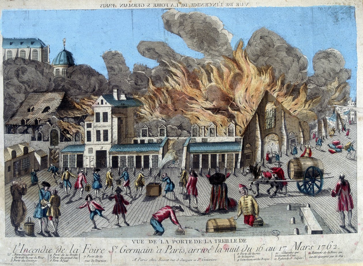 Branden på Saint Germain-messen i Paris, natten mellem 16. og 17. marts 1762, set fra døren til Treille. Stik af det 18. århundrede af Unknown artist